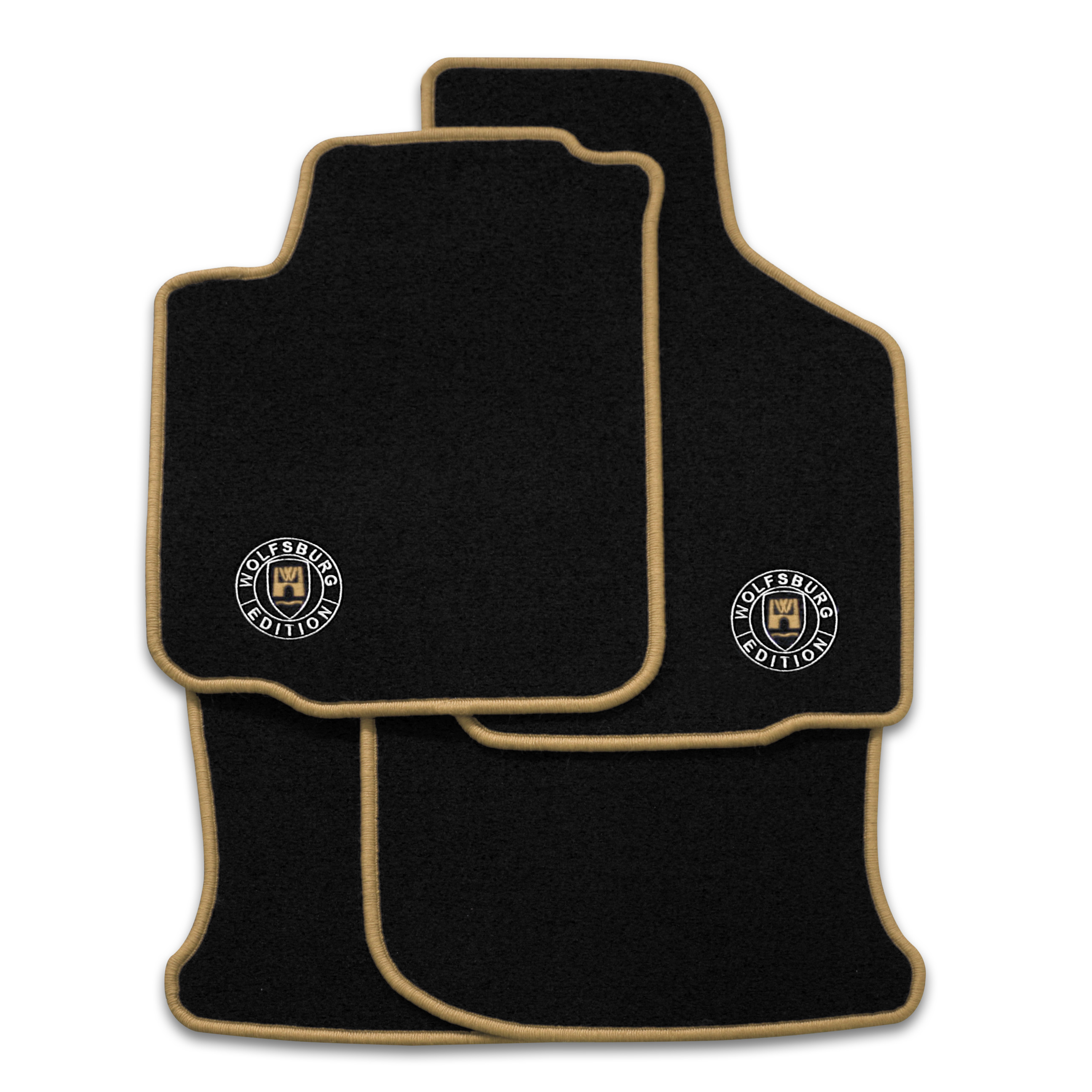 Schwarze Fußmatten mit dem STICK Wolfsburg WOB Logo und Rand in beige