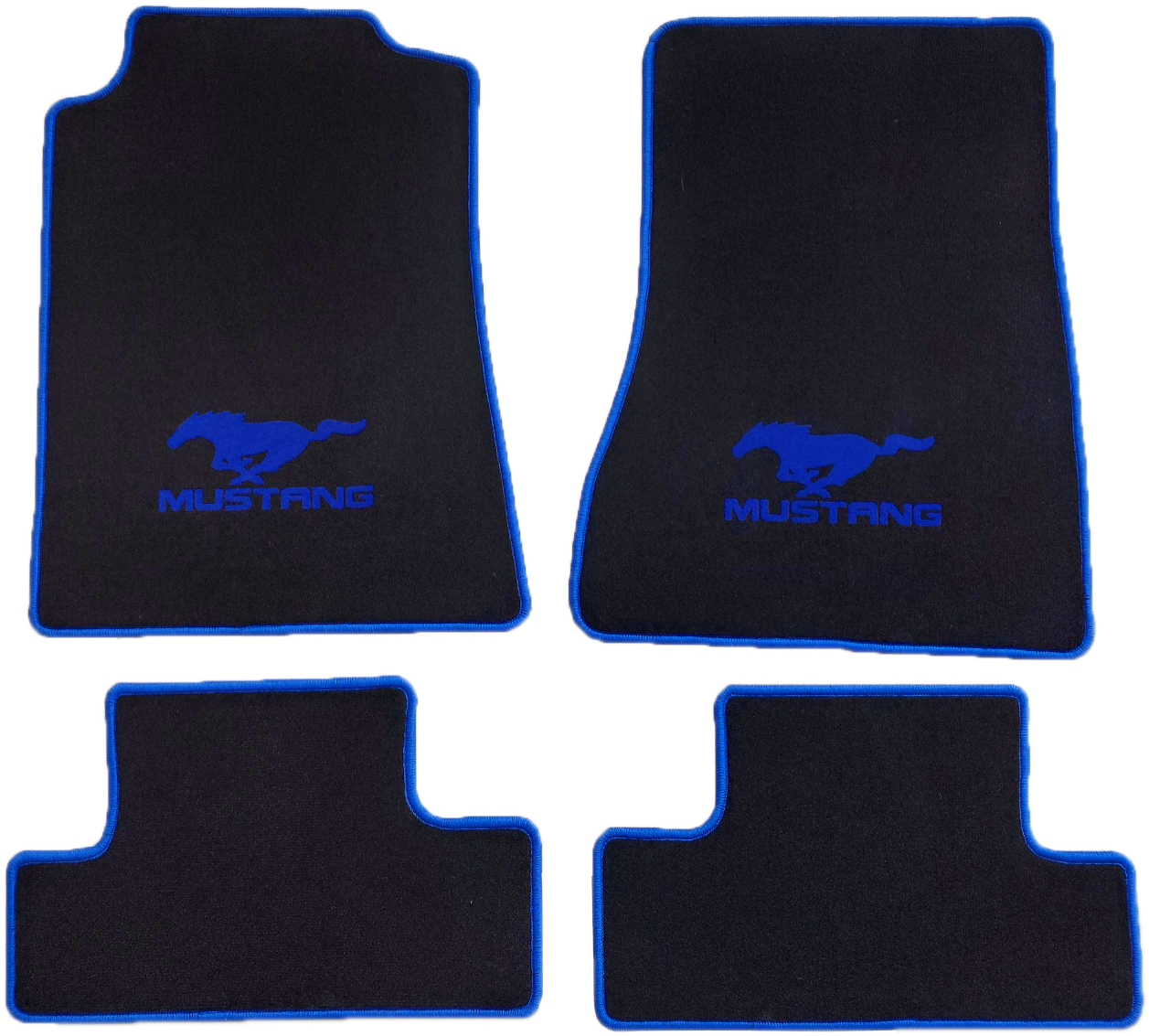 Velours Fußmatten für Ford Mustang 5 Coupe + Cabrio 2005-2012 mit Druck Mustang+Pony + Rand in blau